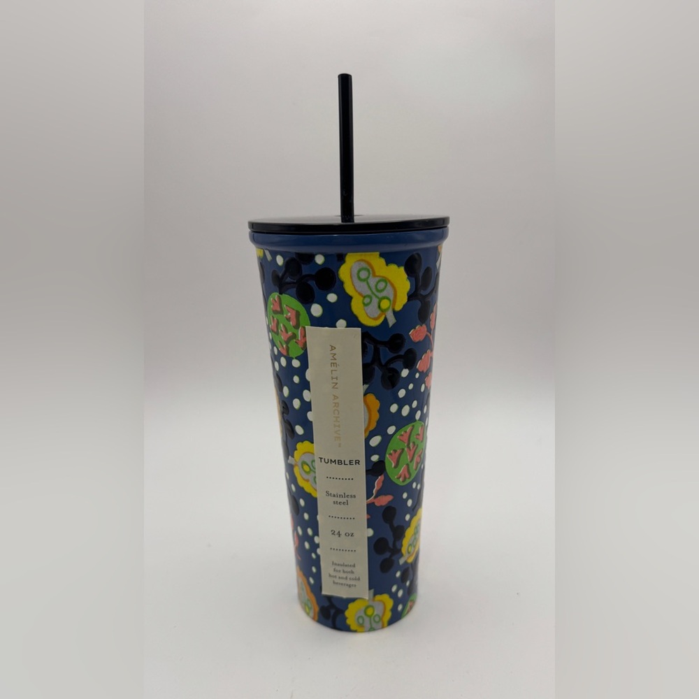 NEW Amelin Archive Colorful Floral Stainless Steel Tumbler with Straw, 24 oz.
